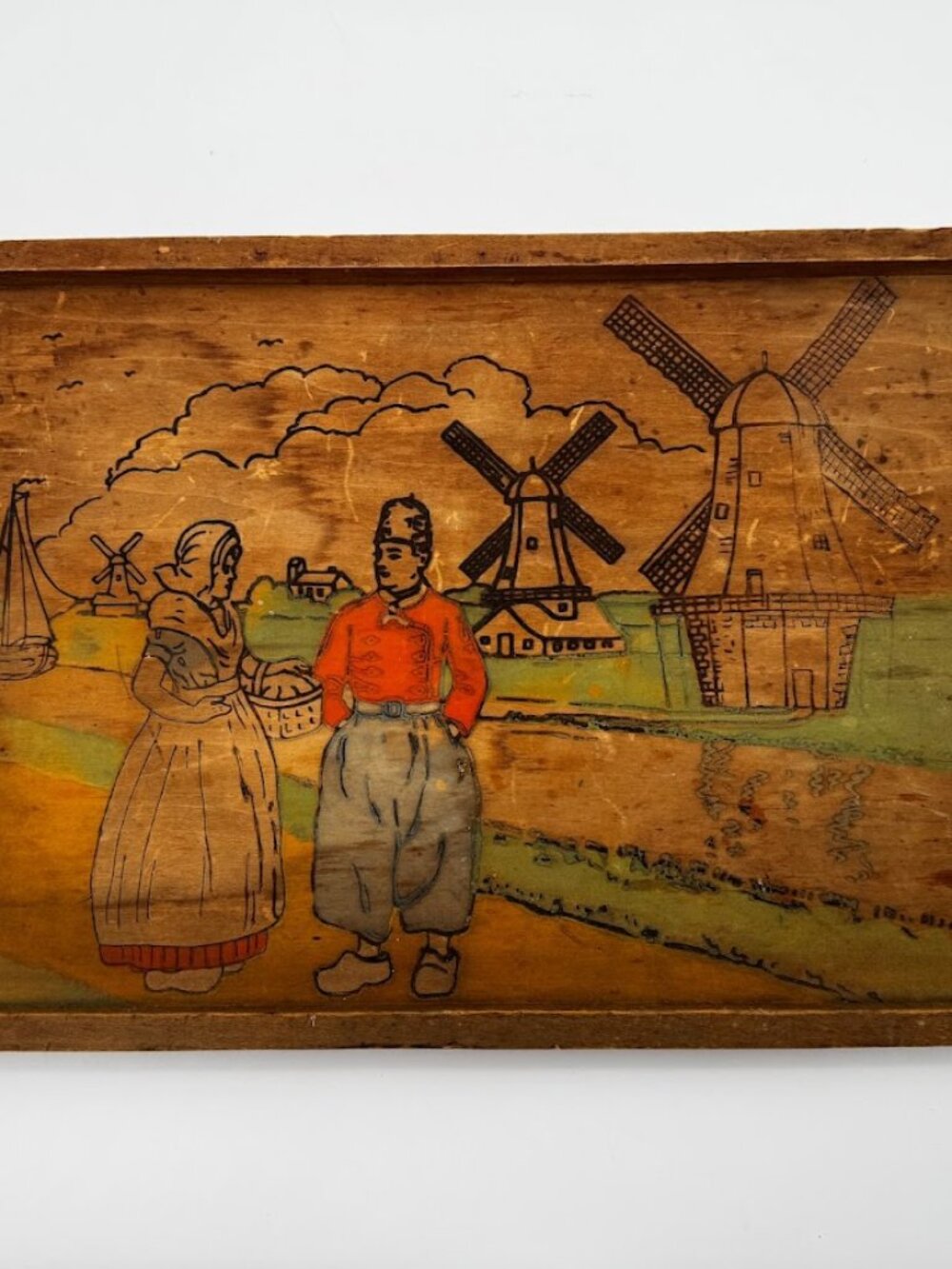 Vintage Dutch Holland Windmill Pyrography Wood Tray Hand Painted Folk Art